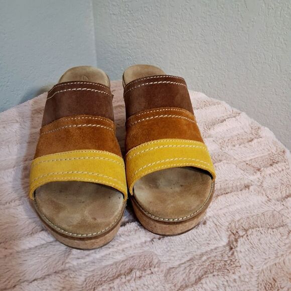 Clarks Brown and Yellow Wedge Sandals with Cork Platform Size 8.5M - Picture 2 of 9